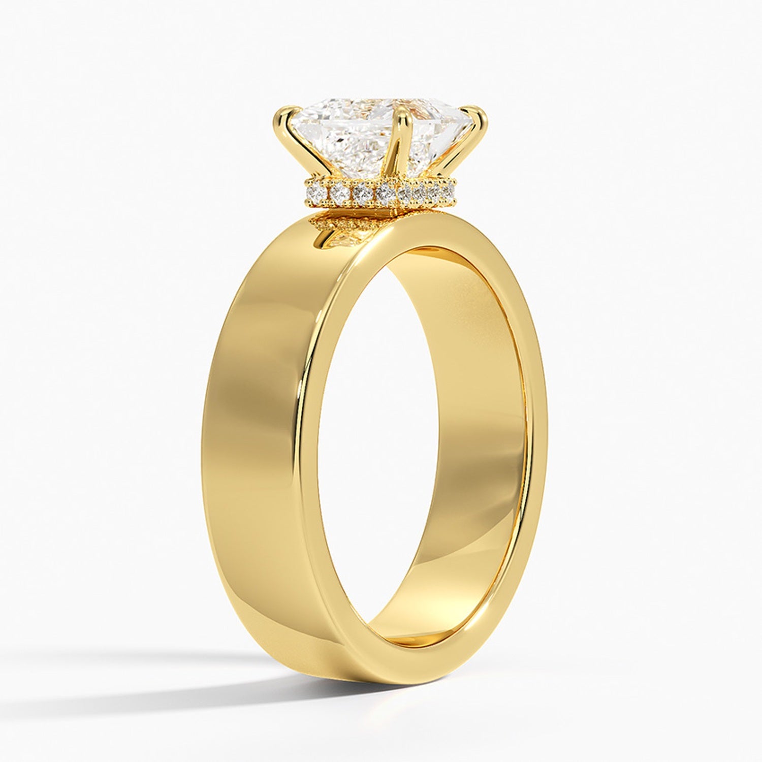Wide Band Princess Cut Engagement Ring | Hidden Halo, Solid Gold Statement Piece