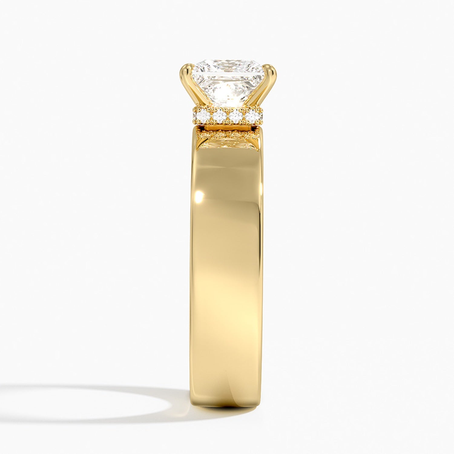 Wide Band Princess Cut Engagement Ring | Hidden Halo, Solid Gold Statement Piece