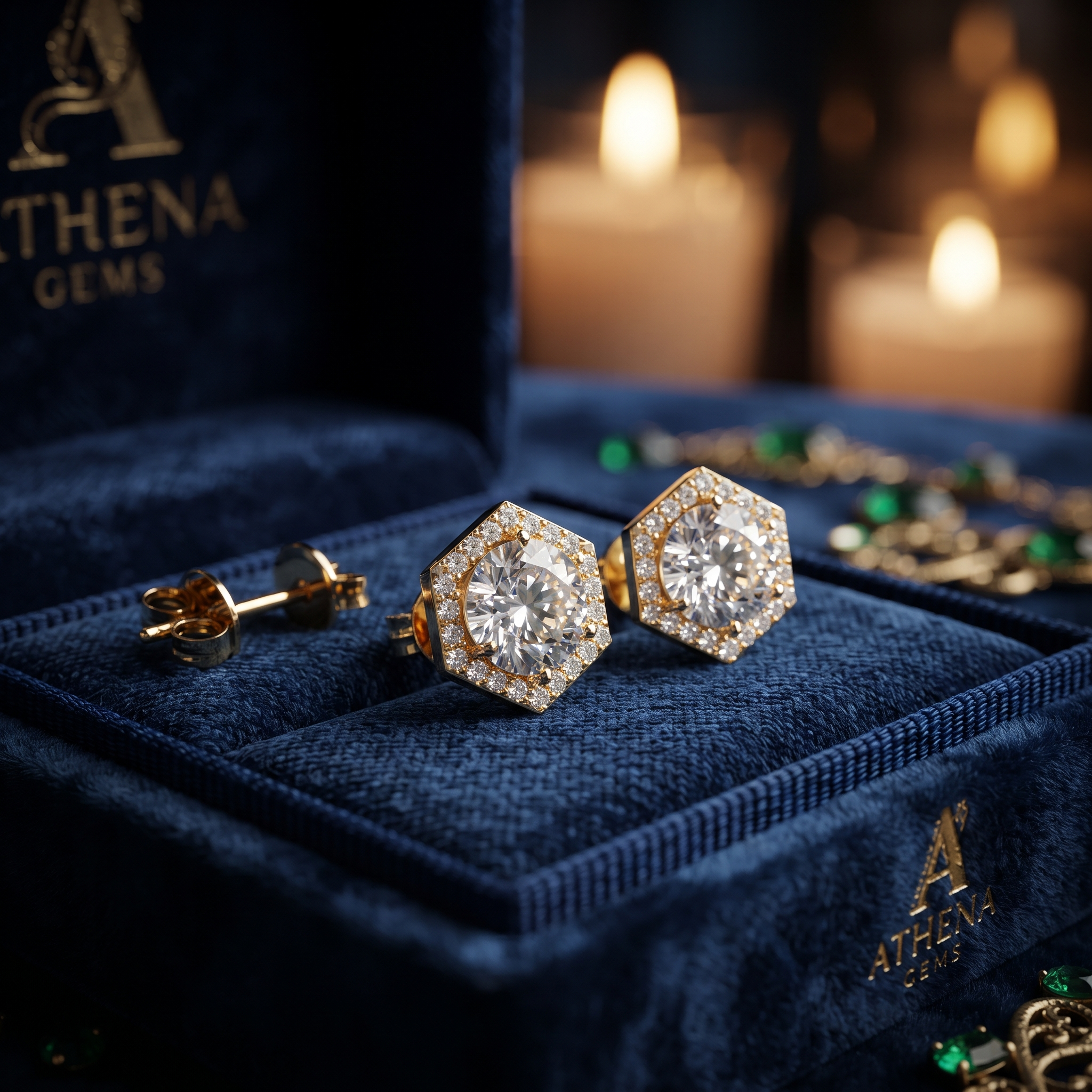 Hexagon Halo Stud Earrings – Modern Geometric Diamond Simulant Earrings in Gold or Silver