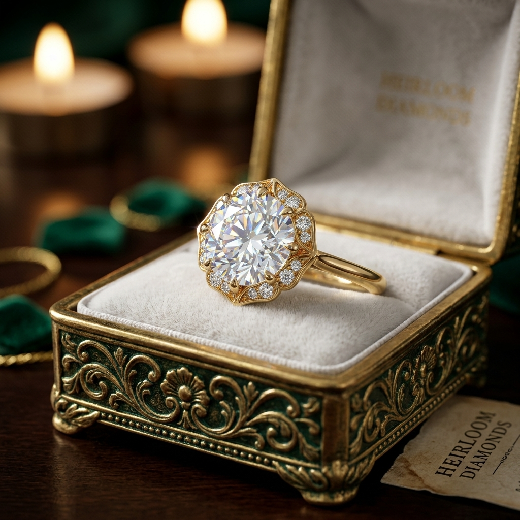 Floral Halo Engagement Ring – Round Solitaire with Delicate Petal Setting in Gold Or Silver