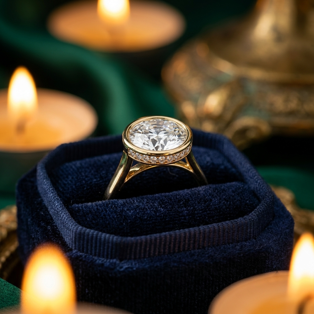 Bezel Set Round Cut Solitaire Engagement Ring with Diamond Halo - Custom Handcrafted Fine Jewelry