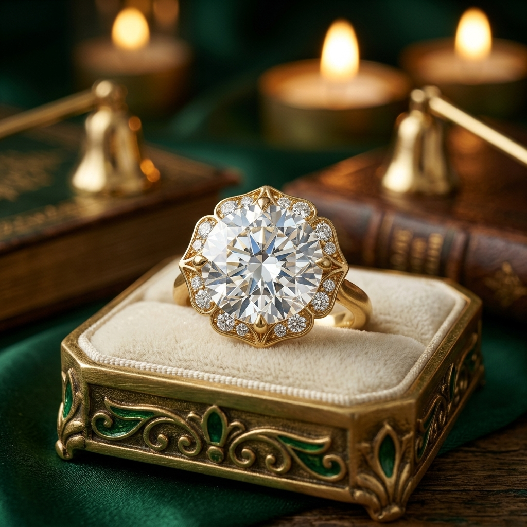 Floral Halo Engagement Ring – Round Solitaire with Delicate Petal Setting in Gold Or Silver
