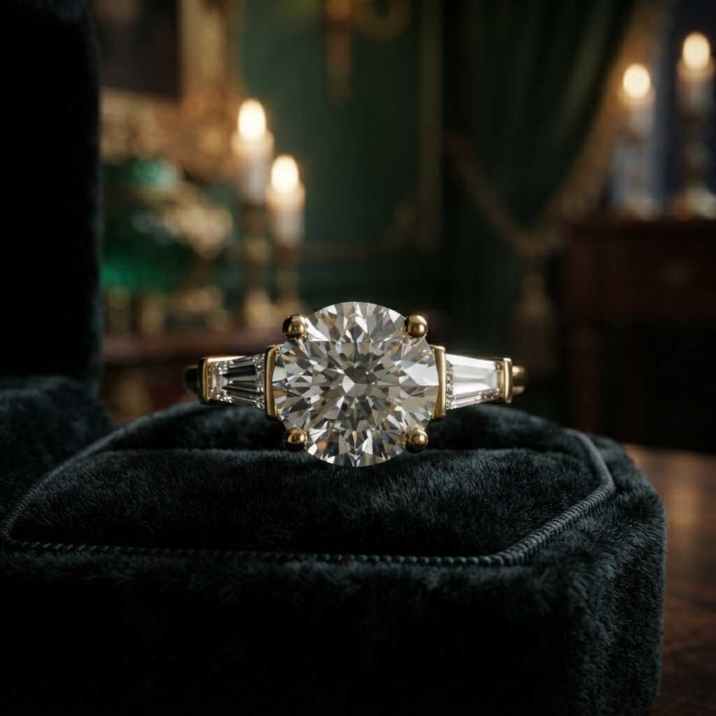1.00 Ct Round Cut Engagement Ring with Baguette Accents, Customizable Gold/Silver