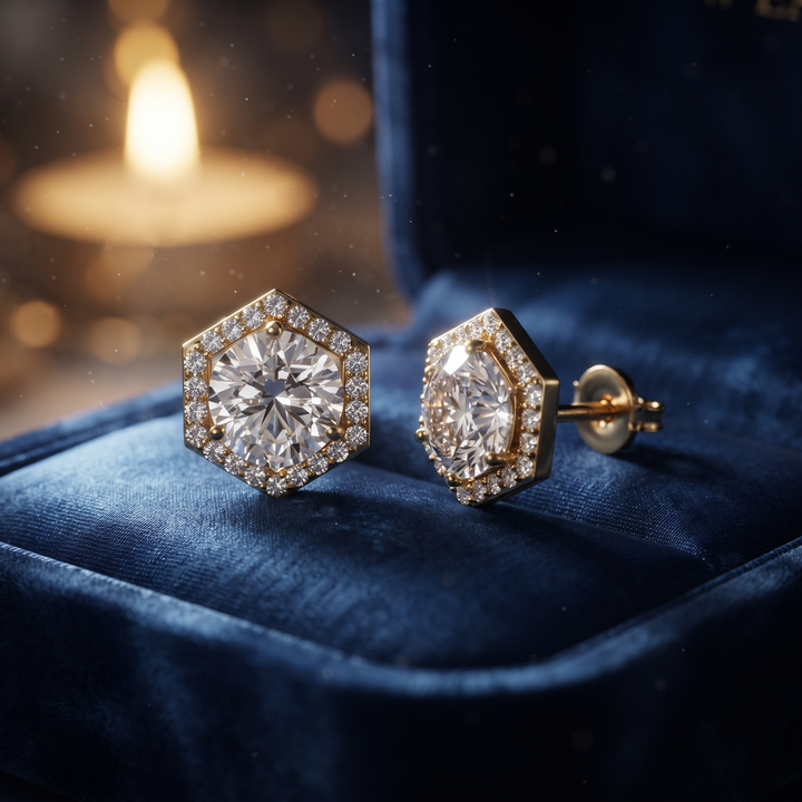 Hexagon Halo Stud Earrings – Modern Geometric Diamond Simulant Earrings in Gold or Silver