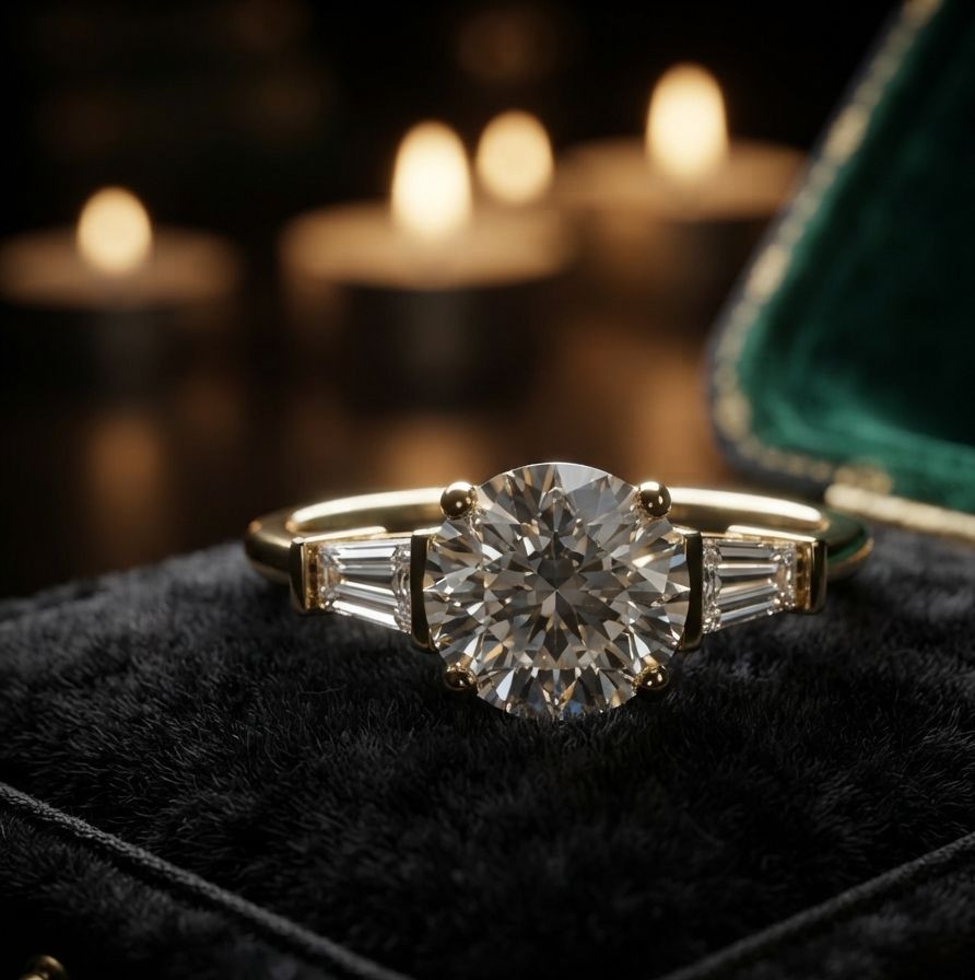 1.00 Ct Round Cut Engagement Ring with Baguette Accents, Customizable Gold/Silver