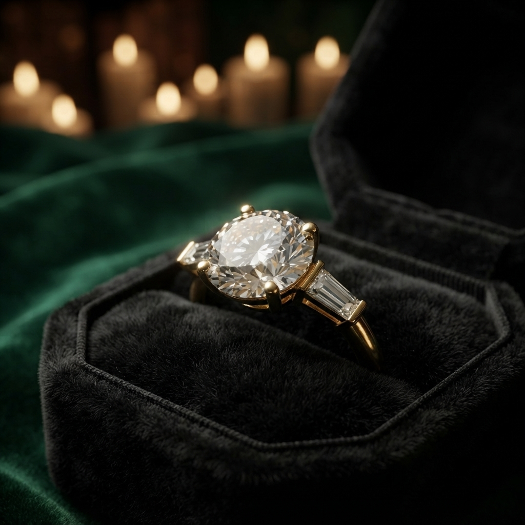 1.00 Ct Round Cut Engagement Ring with Baguette Accents, Customizable Gold/Silver