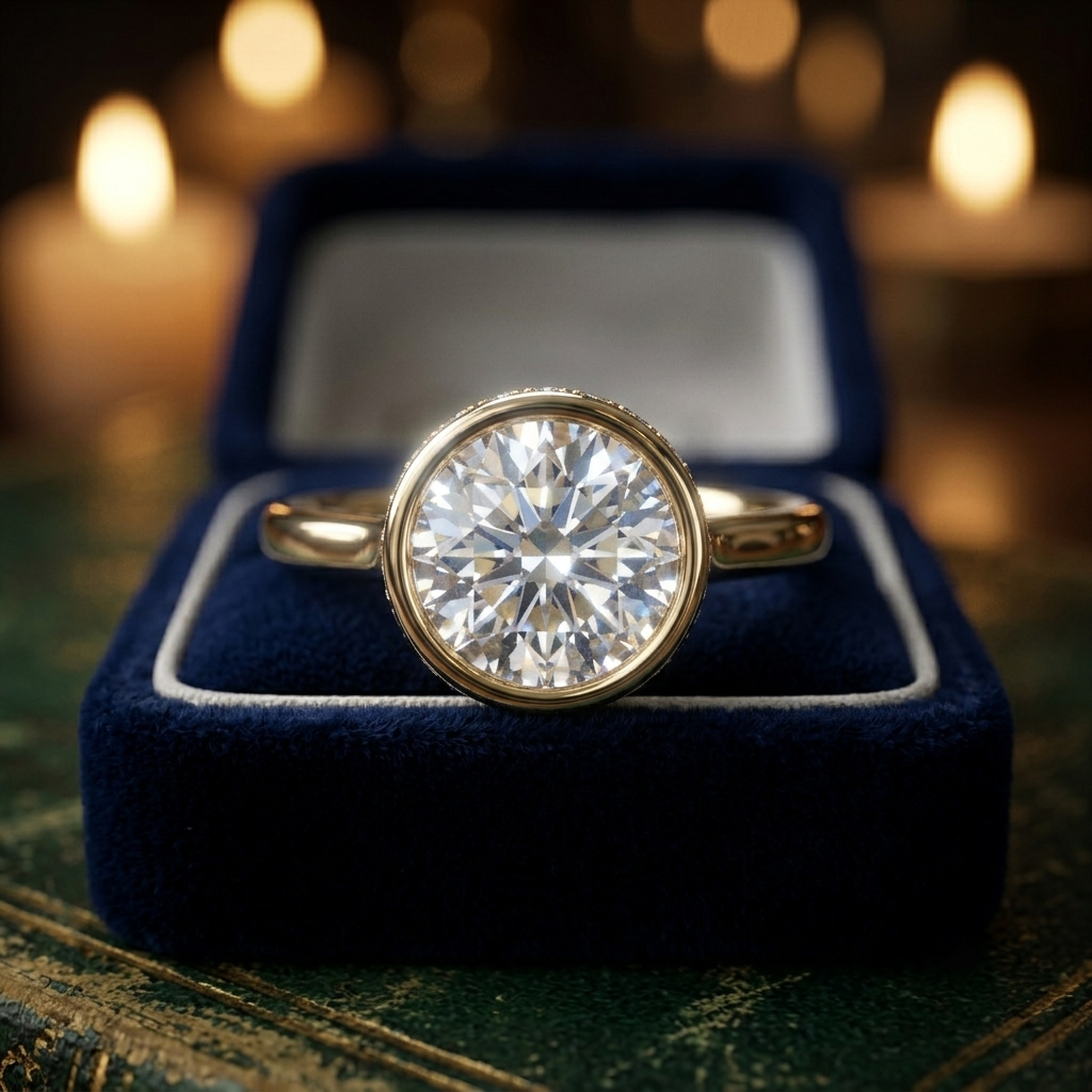 Bezel Set Round Cut Solitaire Engagement Ring with Diamond Halo - Custom Handcrafted Fine Jewelry