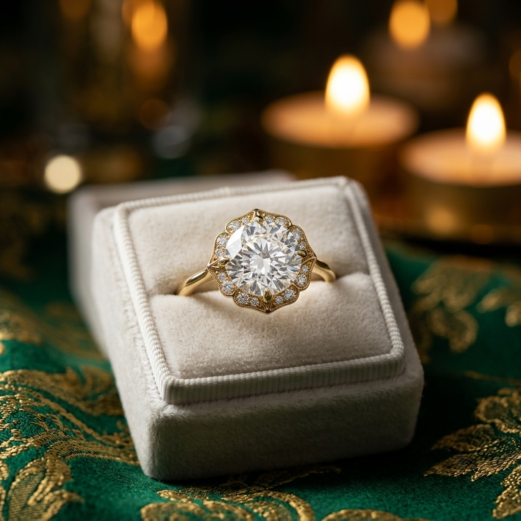 Floral Halo Engagement Ring – Round Solitaire with Delicate Petal Setting in Gold Or Silver
