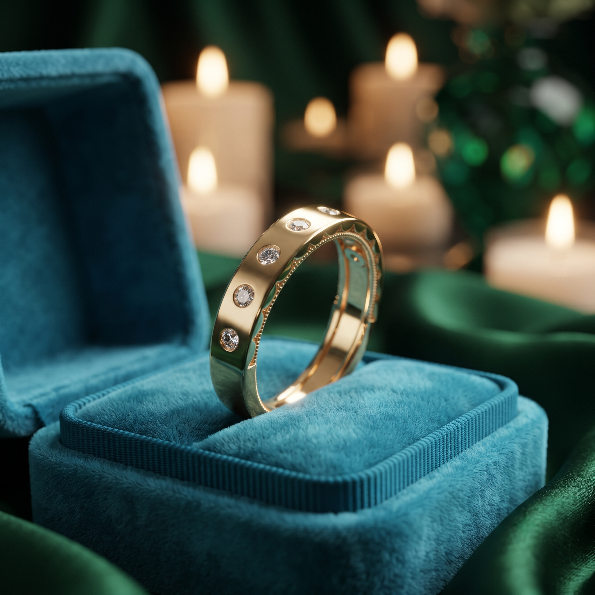 Round Diamond Bezel Setting Band Ring, Chunky Gold Wedding Band