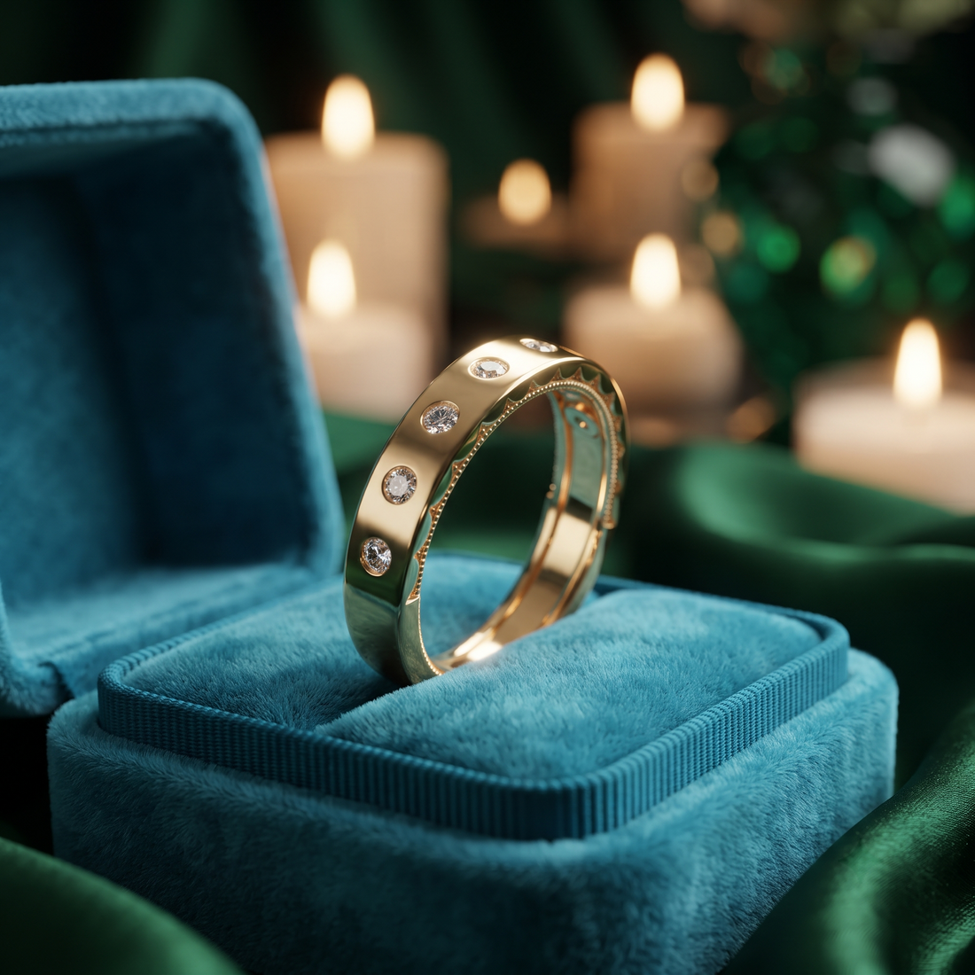 Round Diamond Bezel Setting Band Ring, Chunky Gold Wedding Band