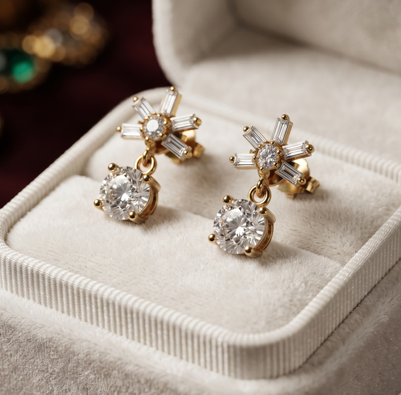 Baguette And Round Diamond Drop Earrings In Gold And Sterling Silver – Floral Starburst Design