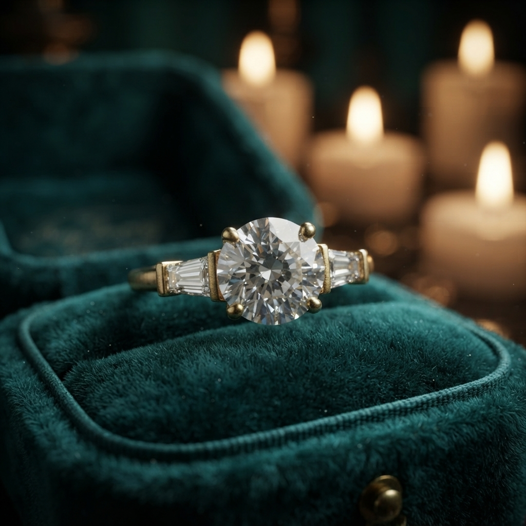 1.00 Ct Round Cut Engagement Ring with Baguette Accents, Customizable Gold/Silver
