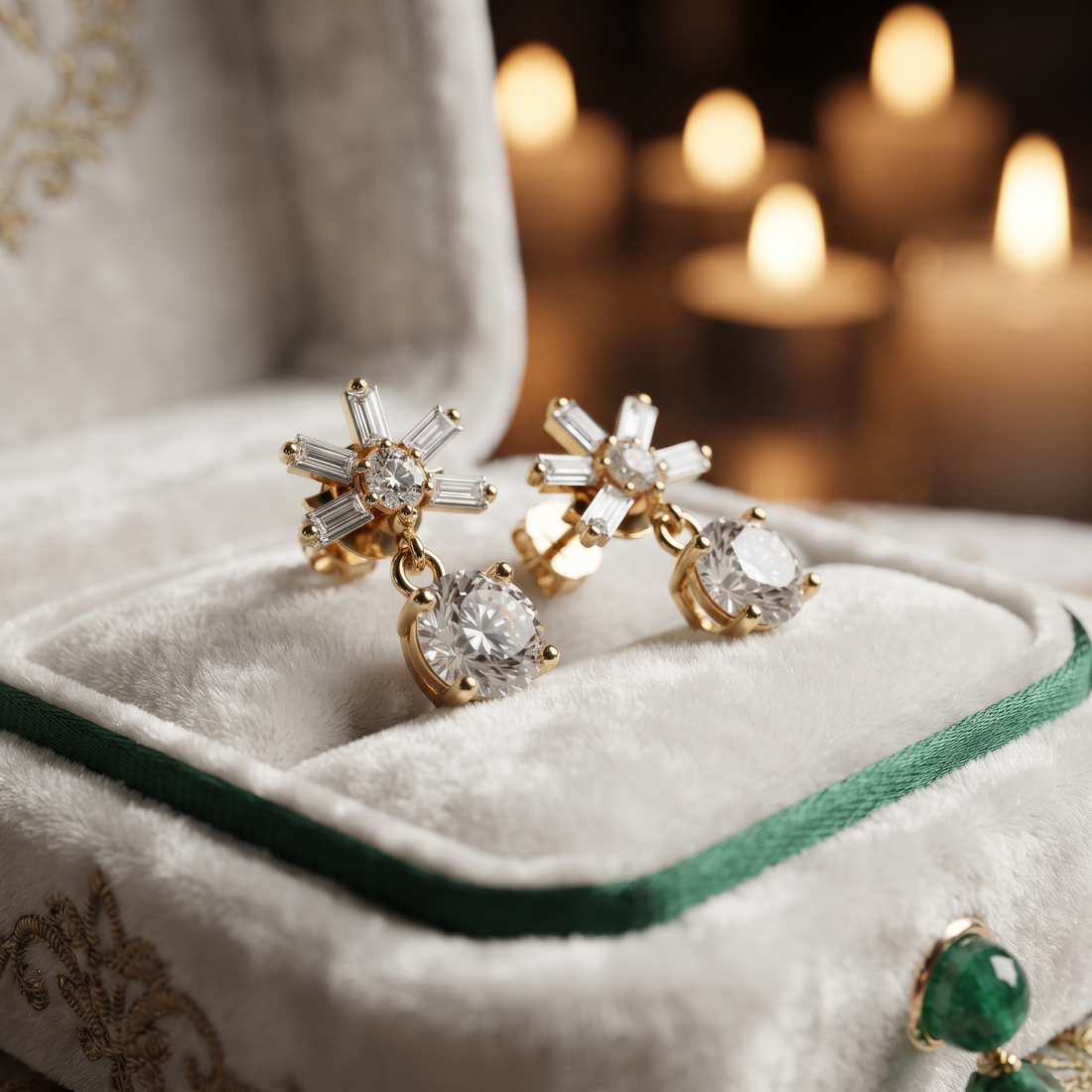 Baguette And Round Diamond Drop Earrings In Gold And Sterling Silver – Floral Starburst Design
