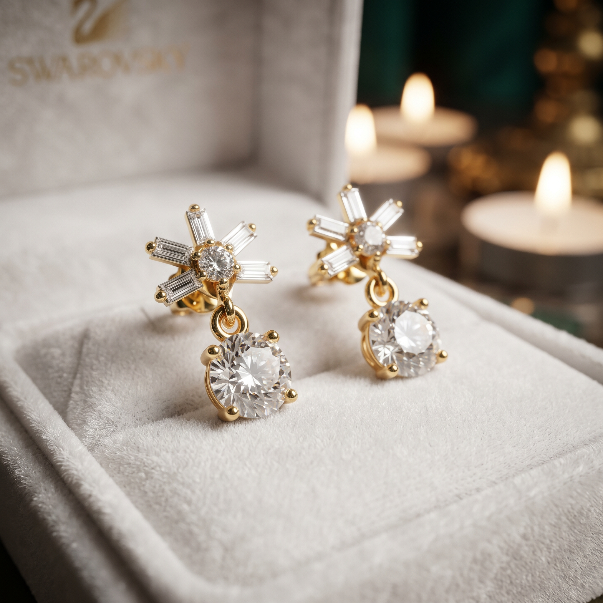 Baguette And Round Diamond Drop Earrings In Gold And Sterling Silver – Floral Starburst Design
