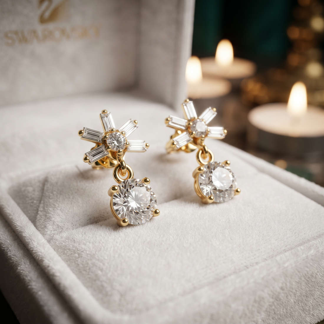 Baguette And Round Diamond Drop Earrings In Gold And Sterling Silver – Floral Starburst Design