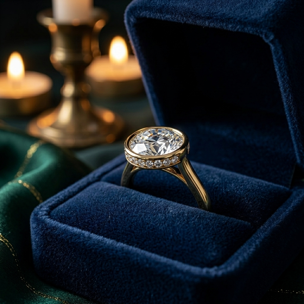 Bezel Set Round Cut Solitaire Engagement Ring with Diamond Halo - Custom Handcrafted Fine Jewelry