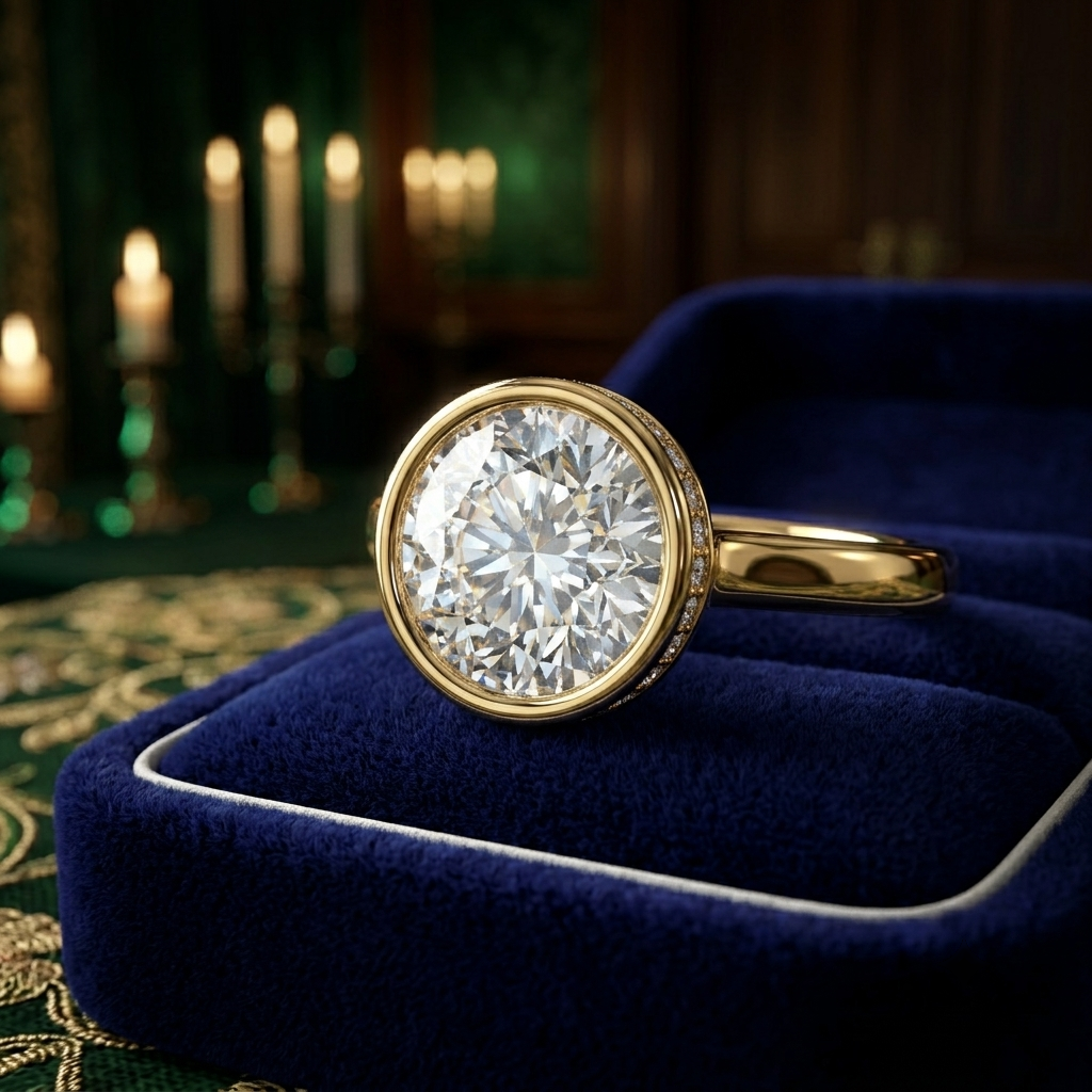 Bezel Set Round Cut Solitaire Engagement Ring with Diamond Halo - Custom Handcrafted Fine Jewelry