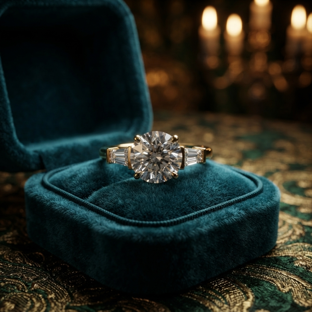 1.00 Ct Round Cut Engagement Ring with Baguette Accents, Customizable Gold/Silver