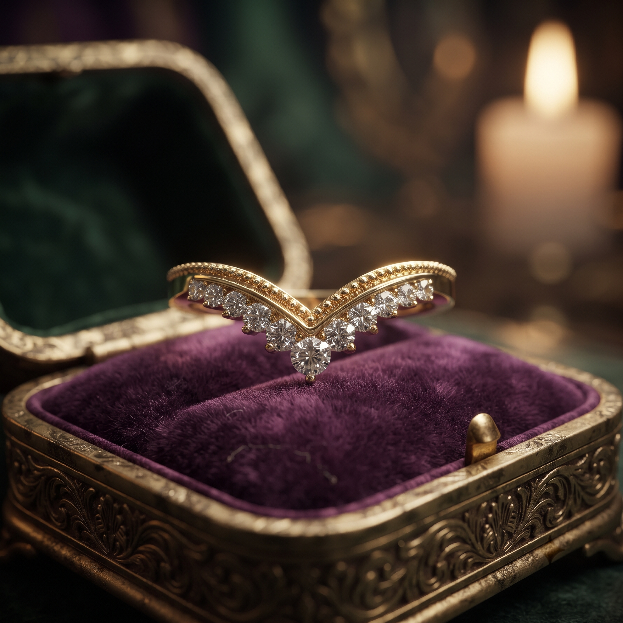 Curved Diamond Chevron Wedding Band, Solid Gold Milgrain V-Shape Stacking Ring