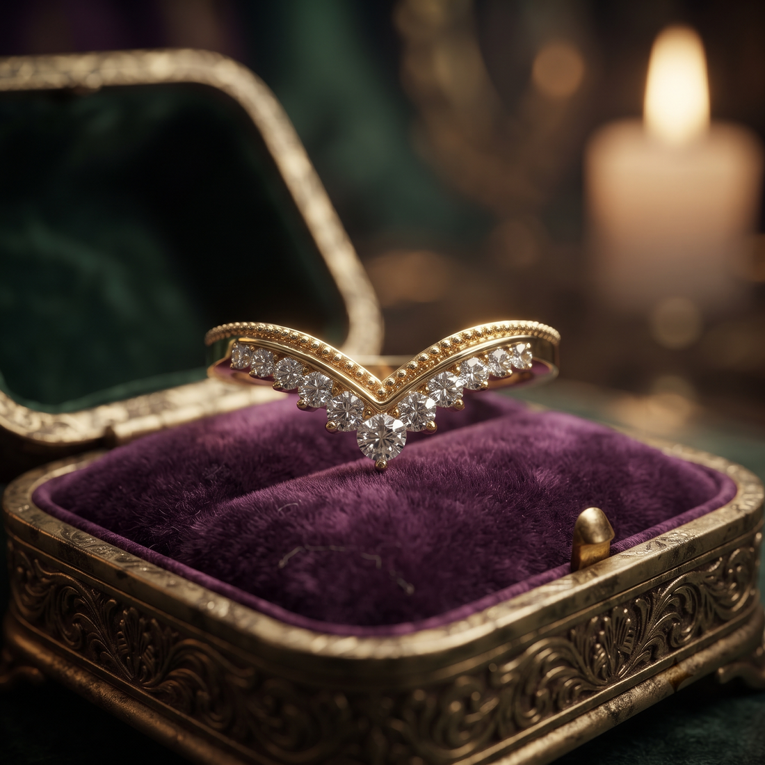 Curved Diamond Chevron Wedding Band, Solid Gold Milgrain V-Shape Stacking Ring