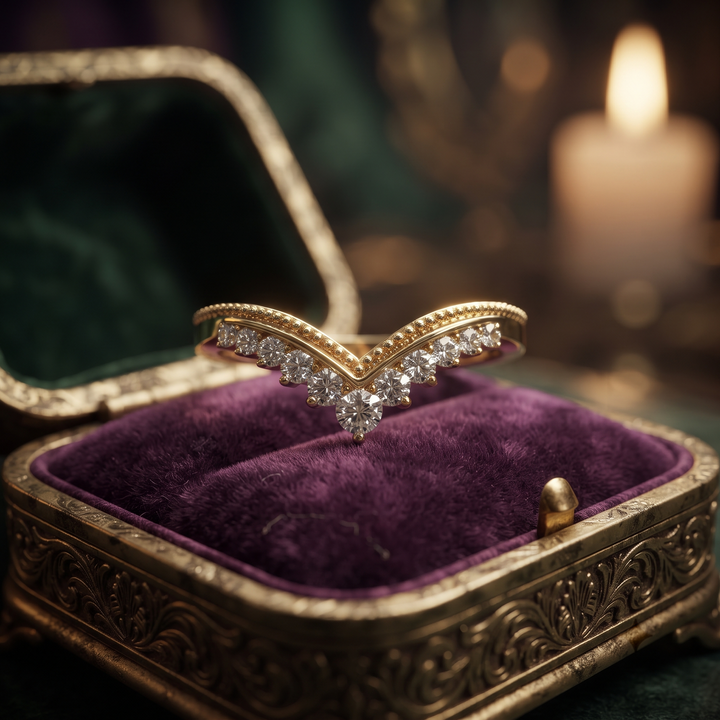 Curved Diamond Chevron Wedding Band, Solid Gold Milgrain V-Shape Stacking Ring
