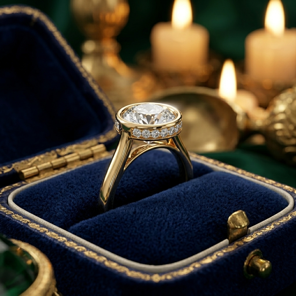 Bezel Set Round Cut Solitaire Engagement Ring with Diamond Halo - Custom Handcrafted Fine Jewelry