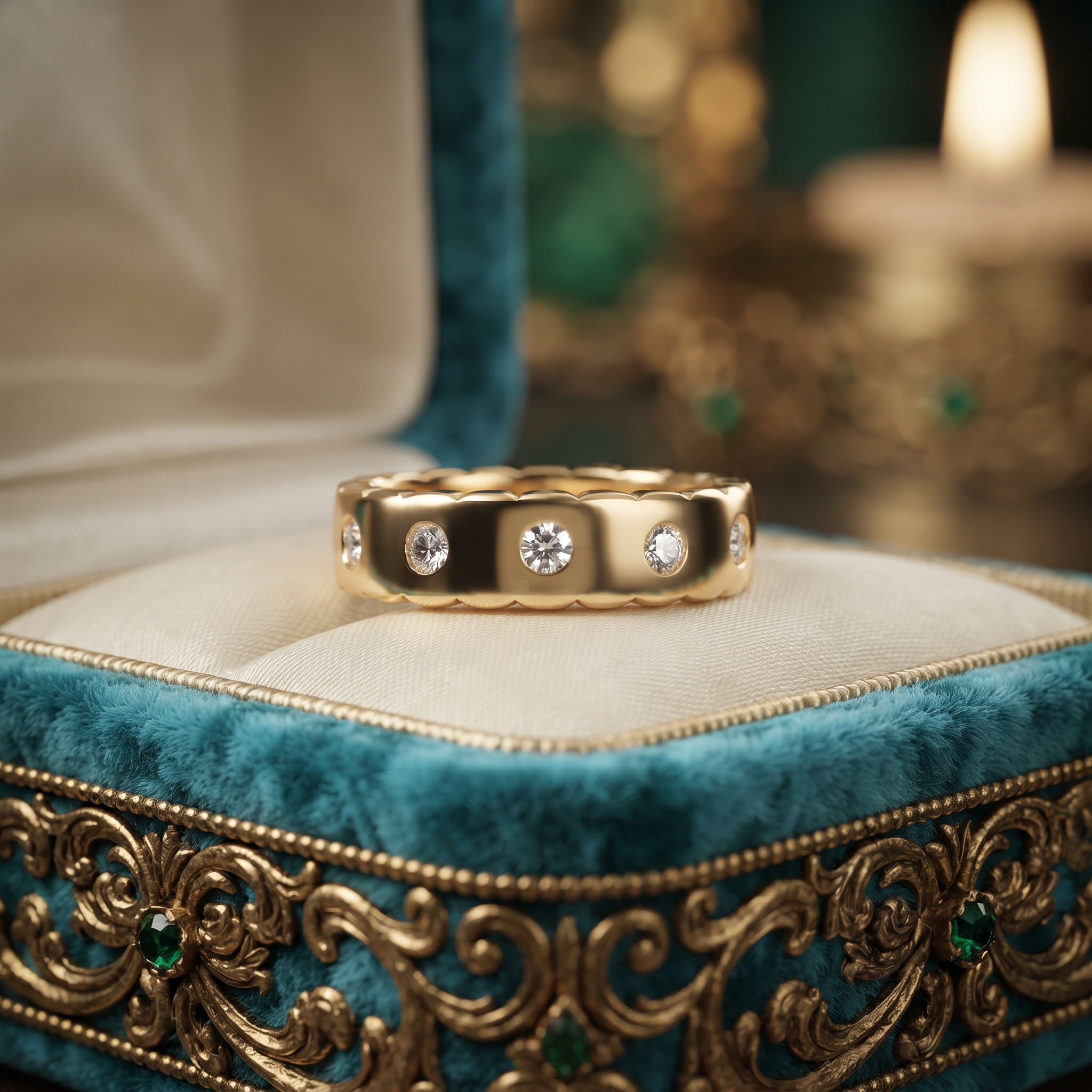 Round Diamond Bezel Setting Band Ring, Chunky Gold Wedding Band