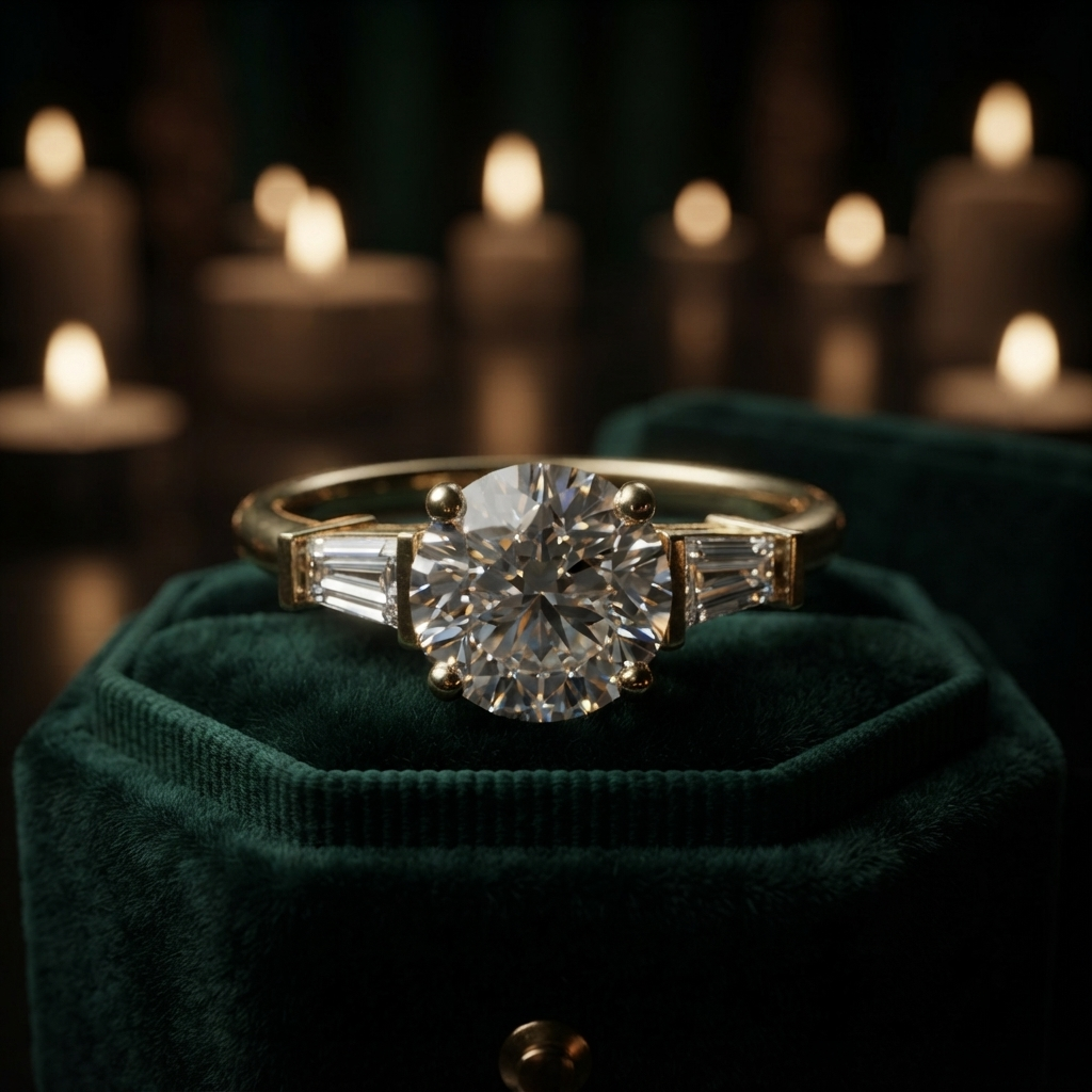 1.00 Ct Round Cut Engagement Ring with Baguette Accents, Customizable Gold/Silver