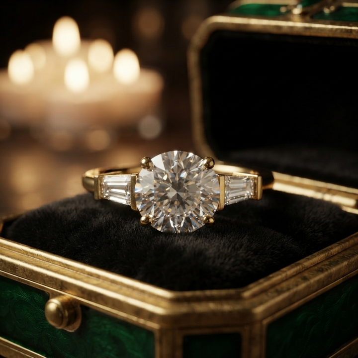 1.00 Ct Round Cut Engagement Ring with Baguette Accents, Customizable Gold/Silver